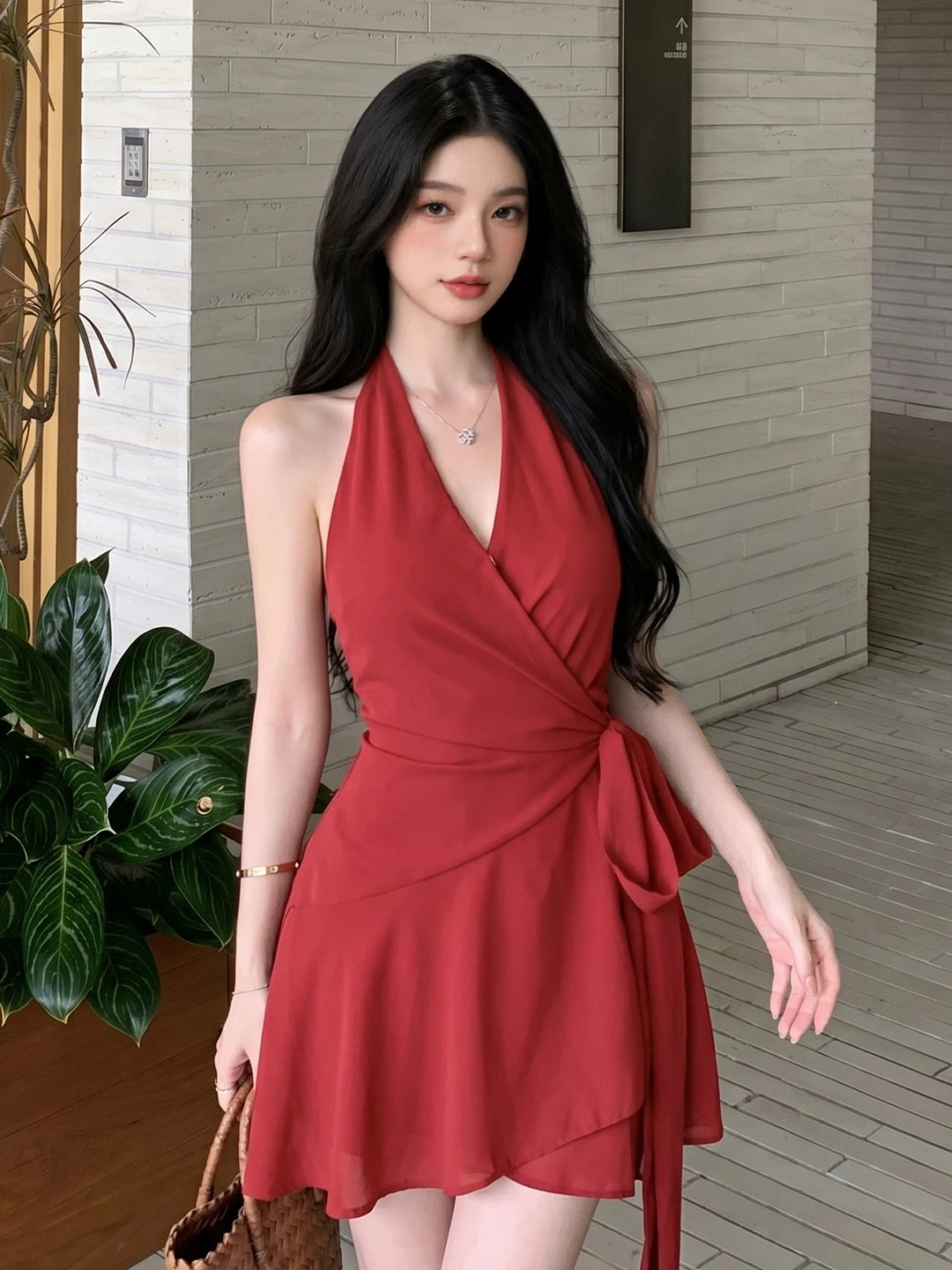 

Sexy Spicy Girl Pure Desire Hanging Neck V-Neck Backless Dress Women's Summer New Belted Waist Slimming Versatile Skirt