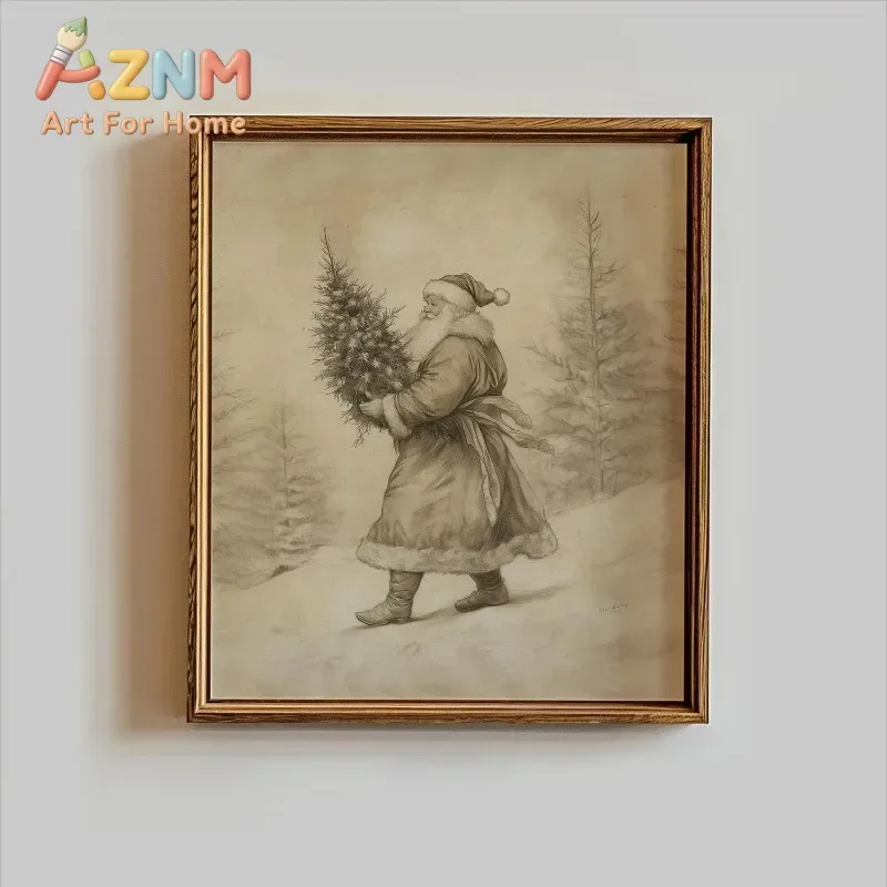 Vintage Santa Claus Canvas Wall Art Unframed Print Santa Carrying Christmas Tree Winter Forest Poster for Rustic Home Decor