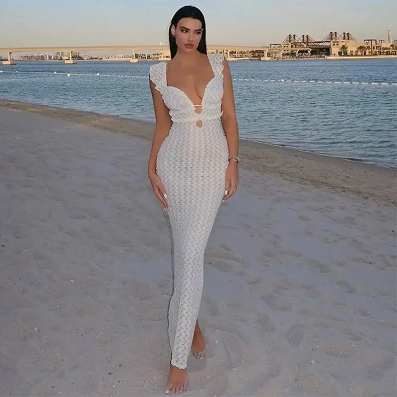 Cryptographique élégant cravate détail Sexy découpé dos nu Robe fête Club tenues été voir à travers sans manches Robe Robe nouveau