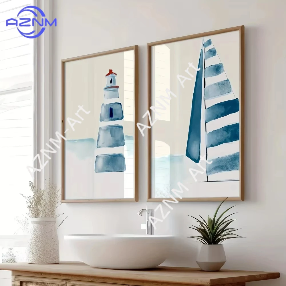 1/2 Stück, rahmenlose Leinwandposter, blauer Aquarell-Stil, Sommer-Strand-Kunstposterdruck, modernes, ideales Wanddekor-Geschenk für Zuhause
