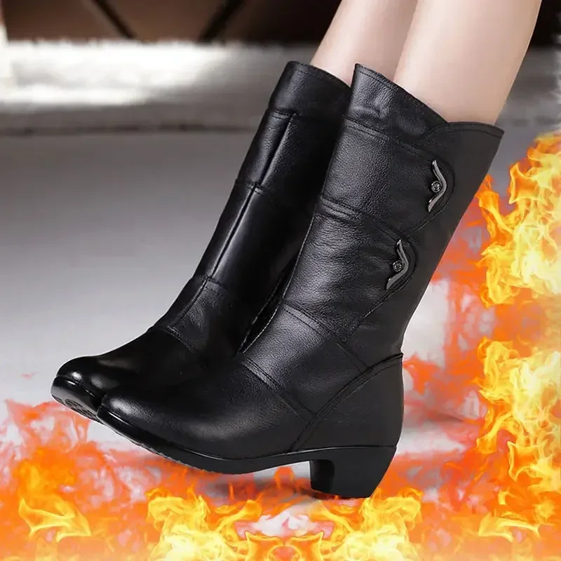 2024 bota média inverno feminino estilo coreano salto baixo cor sólida lã quente plus size ao ar livre botas antiderrapantes botas femininas