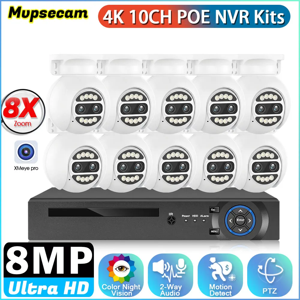 

Комплект системы безопасности с двумя объективами 4K, PTZ-камера, 8-кратный зум, 2-сторонняя аудиокамера видеонаблюдения, IP-камера видеонаблюдения XMEYE, 8-канальный комплект POE NVR, 4 канала