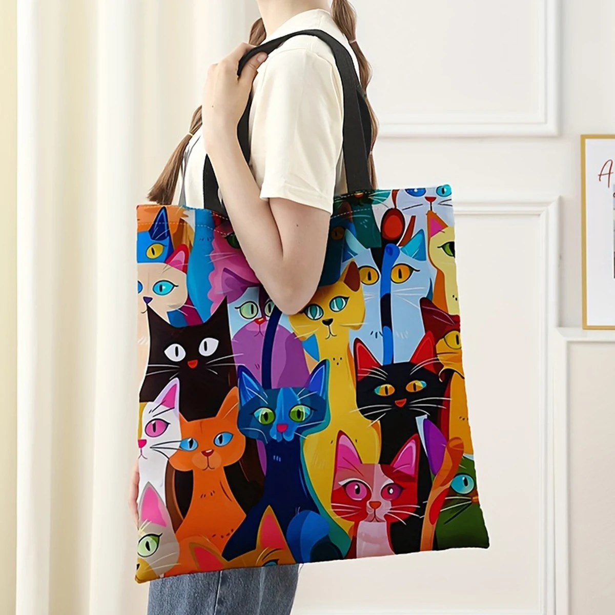 Colorful kitten printed casual handbag, reusable fashionable backpack, multifunctional handbag, printed canvas shopping bag