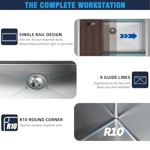 

33x22 Inch 18 Gauge 304 Stainless Steel Undermount Single Bowl Workstation Sink With Built-In Accessories And R10 Corners