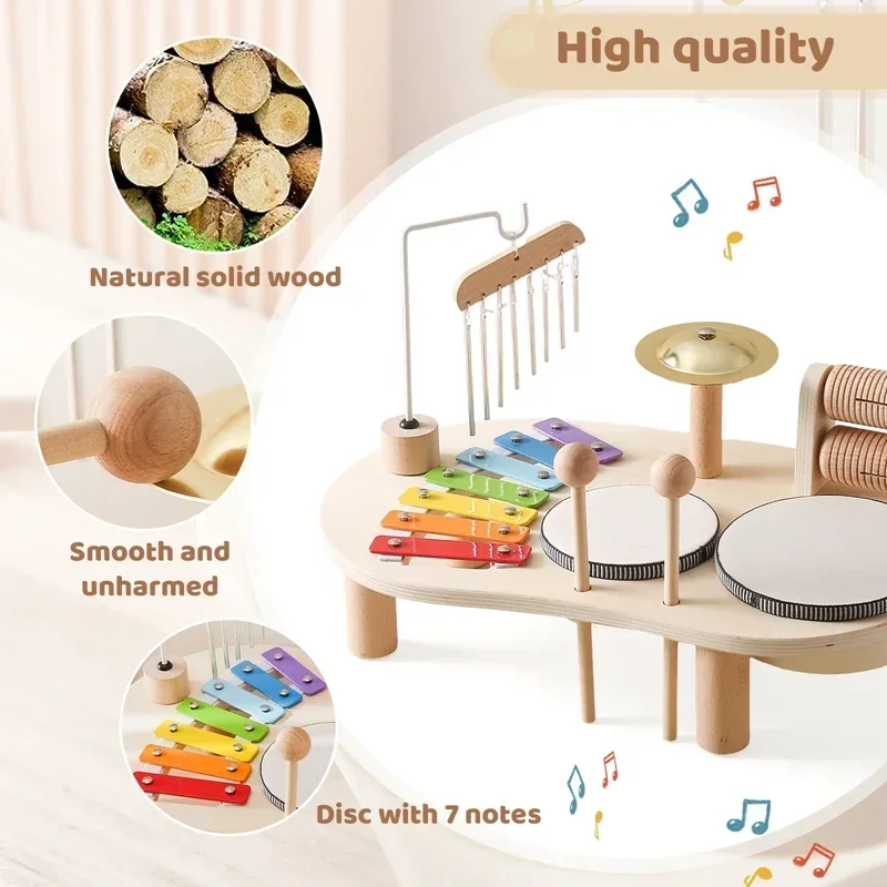 Baby Wooden Musical Instruments Toys Multifunctional Percussion Instruments Drum Eight Tone Piano Montessori Toys Birthday Gifts