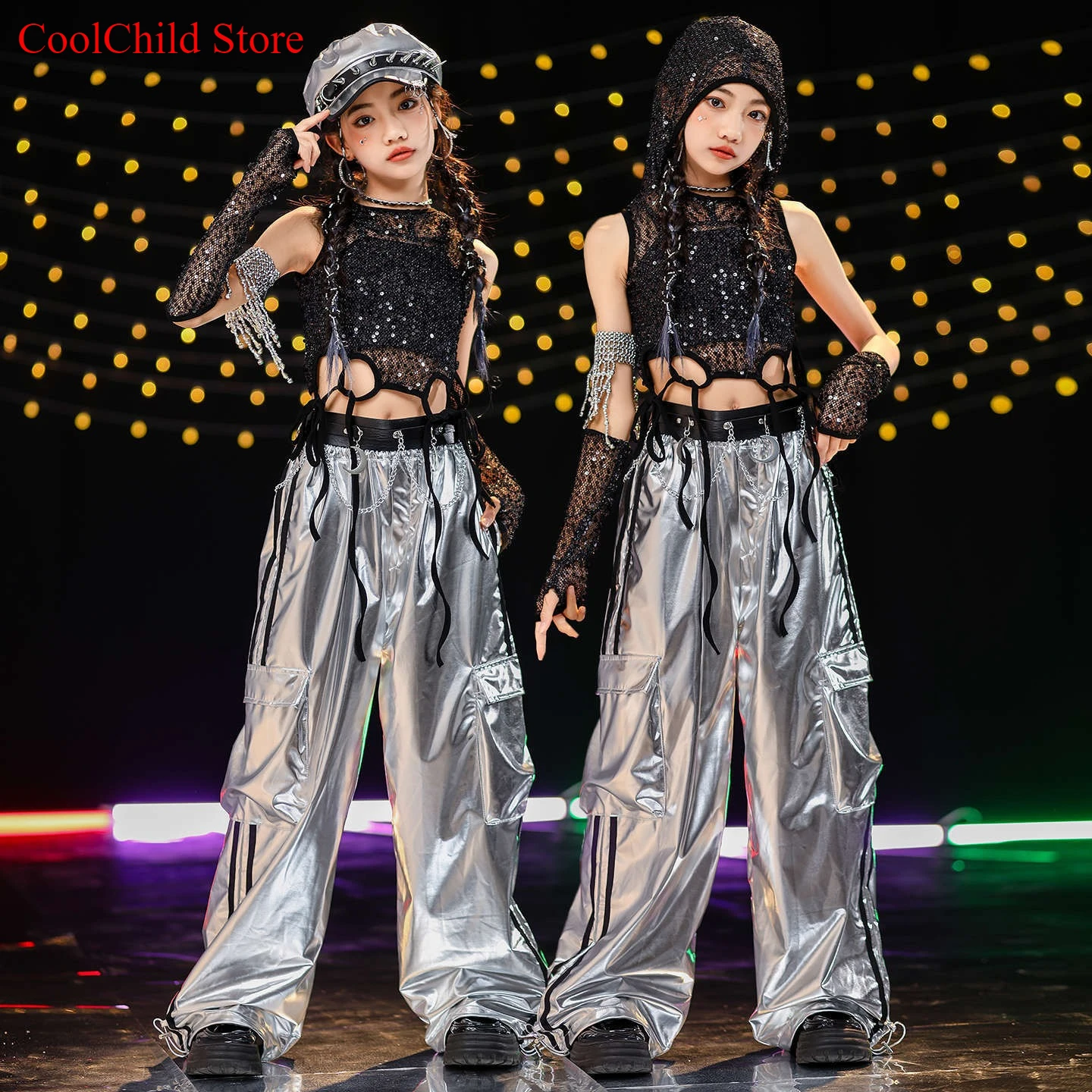 الفتيات الهيب هوب الترتر لامعة المحاصيل هوديس السراويل البضائع الفضية الاطفال K-pop الجاز الملابس مجموعات الأطفال فتاة مجموعة الشارع الشهير ازياء #1