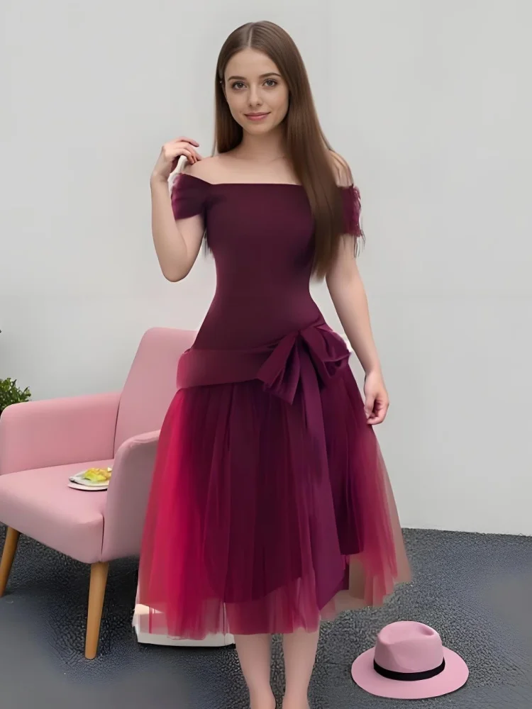 

Beshinel Customized Wine Red Off The Shoulder Mesh Patchwork Prom Gowns 2025 Elegant Bow Evening Dresses Female Vestidos