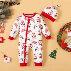 Prowow My First Christmas Baby Clothes 2024 Long Sleeve Allover Santa Print Christmas Romper For Babies Newborn New Year Costume