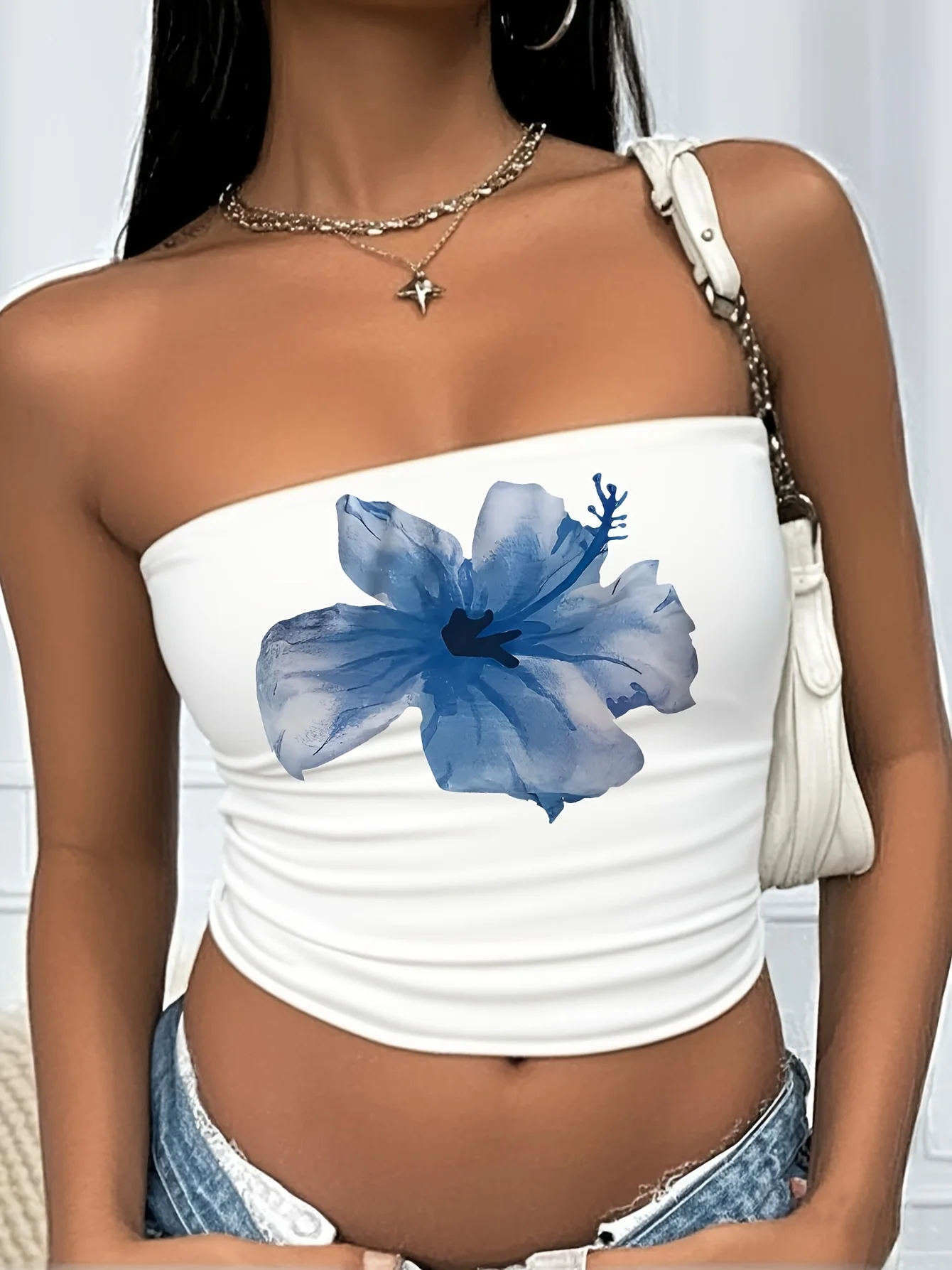 Y2k Funny Floral Print Design Women's Casual 90s Tight Short Tube Top Strapless Top Gothic Crop Top Streetwear Summer