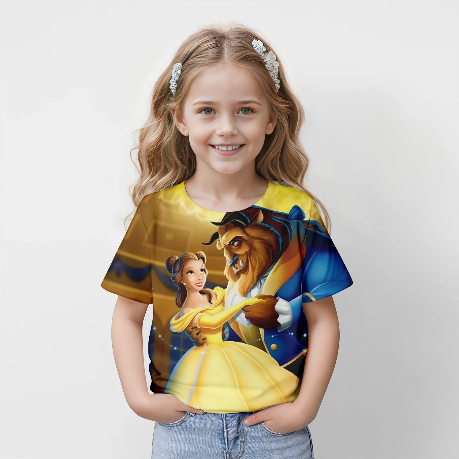 

MINISO Disney «Красавица и чудовище», лето 2024, От 4 до 14 лет, детская крутая легкая футболка с 3D принтом для мальчиков и девочек, топы