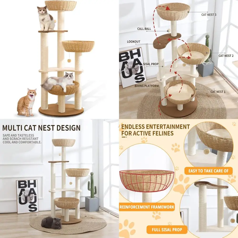 

Large Cats' Multi-Level Modern Cat Tree Tower with 3 Hand-Woven Nests by Paws Pals