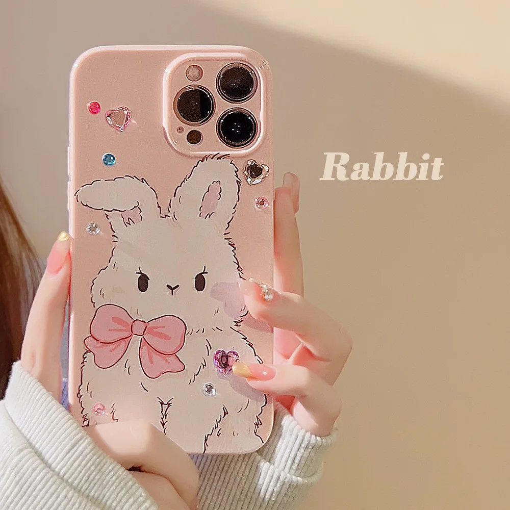 Koreanische Cartoon Bunny DIY Diamant Aufkleber Telefon Fall für IPhone 16 14 15 13 12 11 Pro Max Kamera Schutz stoßfest Soft Cover