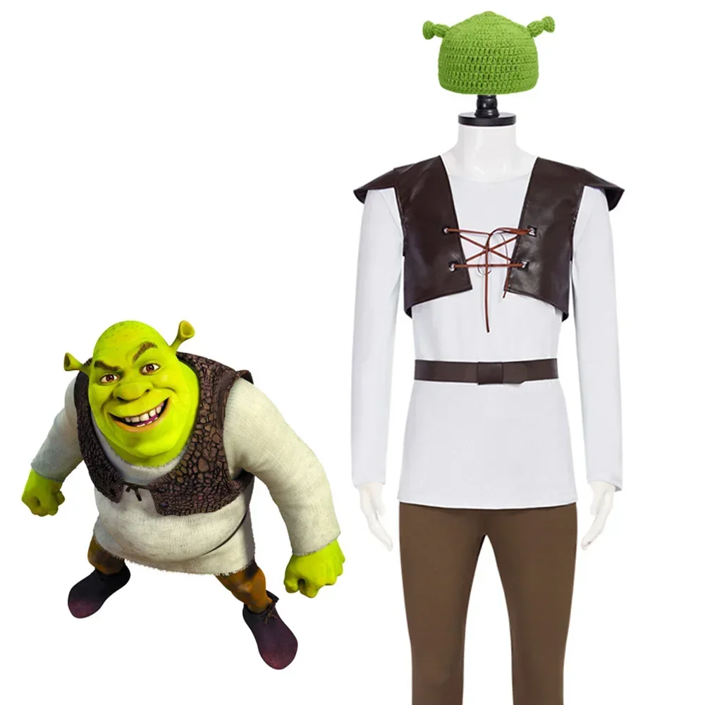 

2026Shrek Cosplay Costumes Green Hat Shrek Top Leather Vest Pants for Men Performance Role Play Halloween Carnival Party Outfits