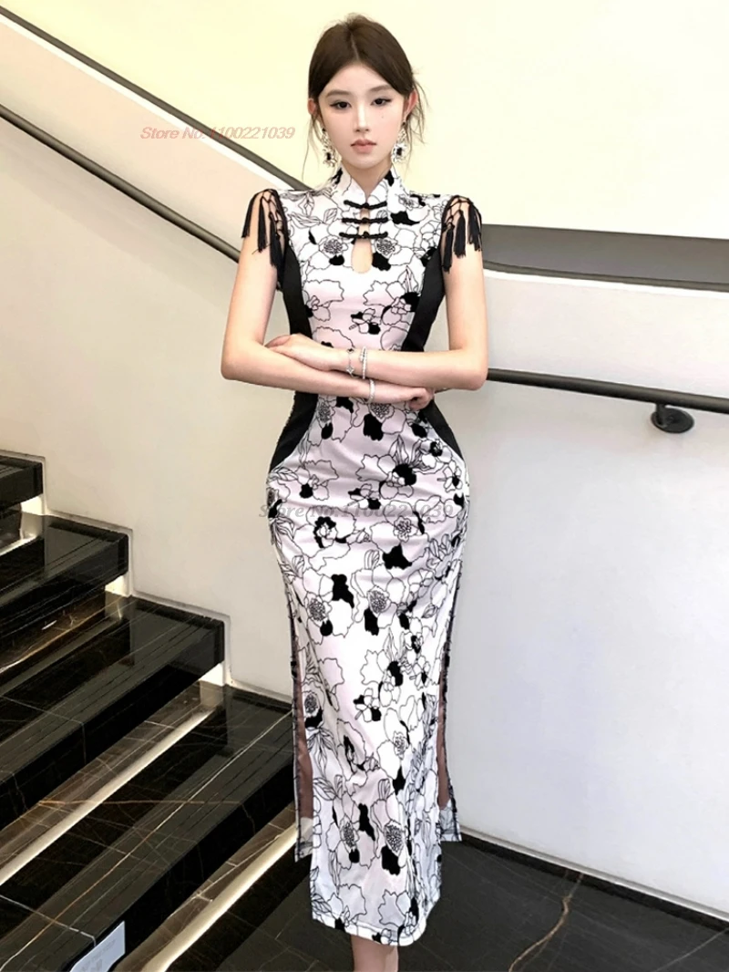 

2025, китайское сексуальное платье Ципао без рукавов, винтажное вечернее платье с цветочным принтом, традиционное платье для банкета, ночного клуба, Ципао