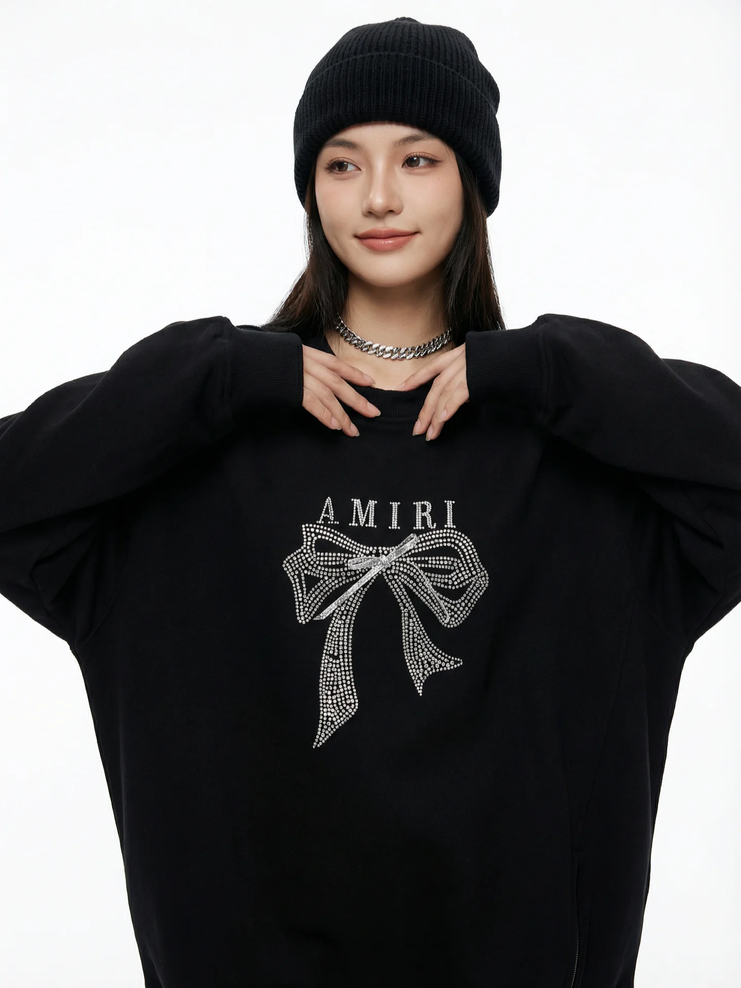 

Свободный повседневный свитшот с длинными рукавами и круглым вырезом для женщин, черный, с узлами, удобный, из смесового хлопка и полиэстера