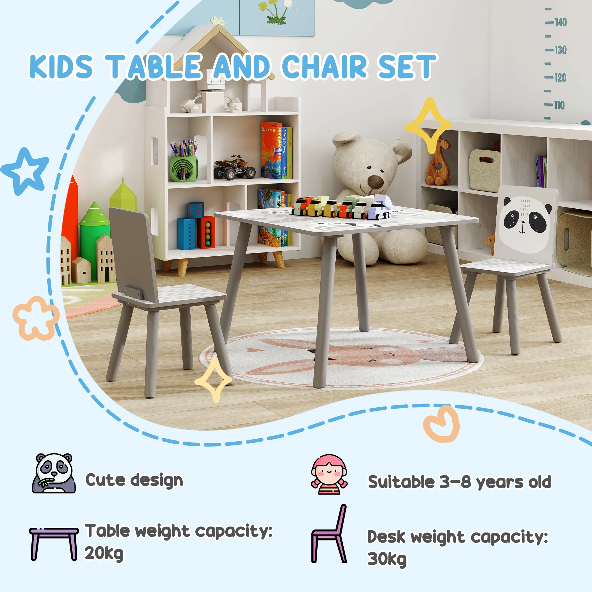 ZONEKIZ Kids Table and Chair Set Toddler Table with 2 Chairs 3 Pieces Grey