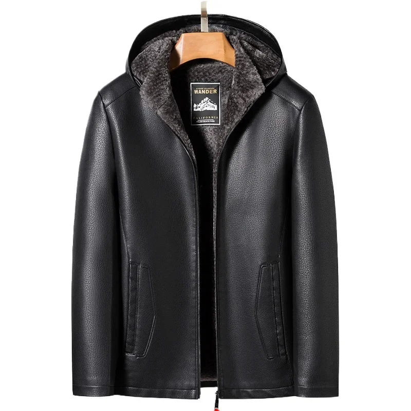 

High Quality Middle-aged Men Winter Leather Coat Thick Leather Detachable Hooded Jacket Warm Fleece Biker Jacket Men PU-022