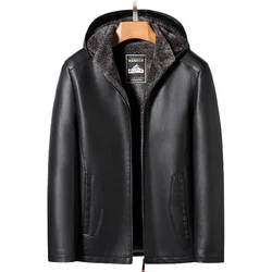 High Quality Middle-aged Men Winter Leather Coat Thick Leather Detachable Hooded Jacket Warm Fleece Biker Jacket Men PU-022