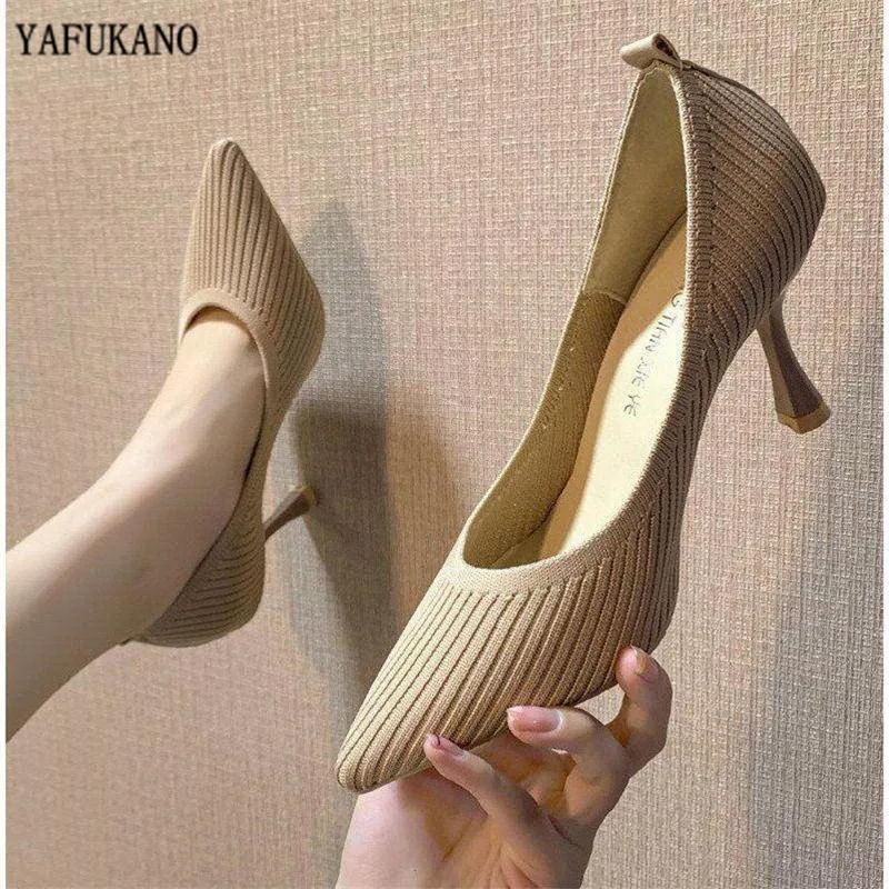 Fashion Knitted Breathable Women Pumps 2024 New Pointed Toe High Heels Lady Shoes Wild Comfortable Thin Heel Office Work Shoes