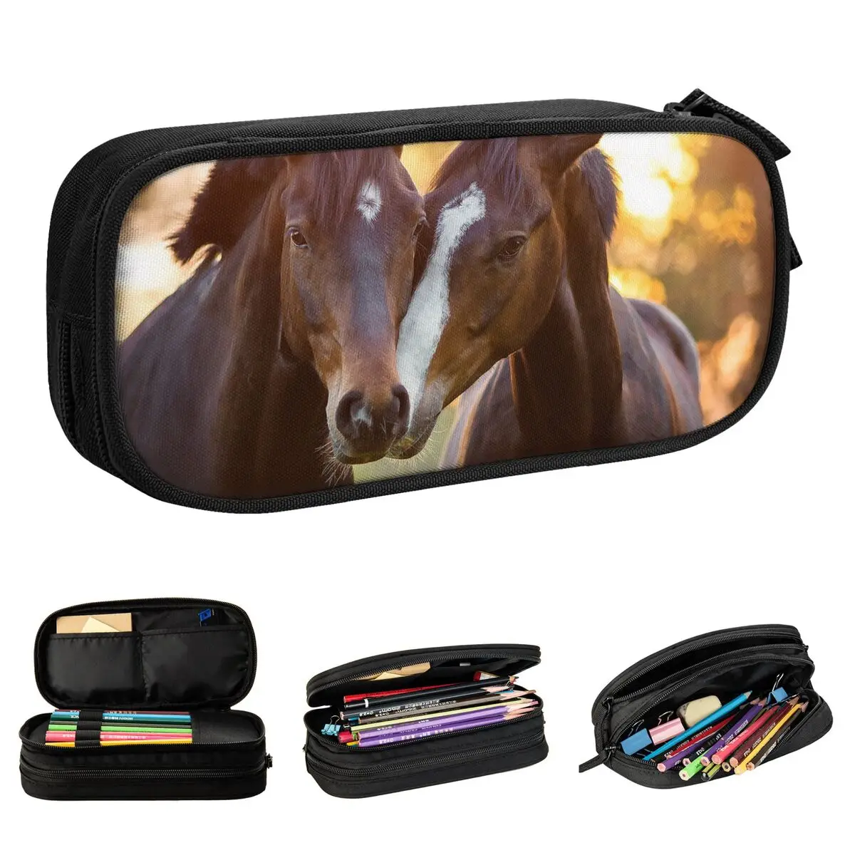 belo cavalo lapis cases divertido amantes dos animais caneta bolsas para estudantes grande capacidade estudantes lapis de presente da escola 01