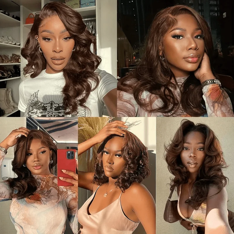 250% Density Chocolate Brown Bob Wigs Body Wave Human Hair 13x4 Lace Frontal Wigs Pre Plucked 100% Virgin Human Hair Color#4 Dark Brown Loose Wavy Lace Frontal Bob Wigs For Women