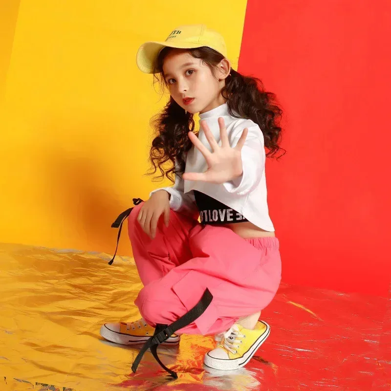

Hip Hop Girls Jazz Outfits Dance Hoodies Sweatshirts Crop Top Contrast Cargo Pants Costumes Years Kids Summer Clothes Party