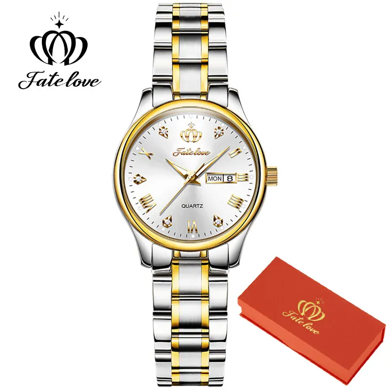 

Fate Love 819 Quartz Women's Wrist watch Elegant Stainless Steel Watch Luminous Waterproof Week Date Ladies Dress Watch Gift Set