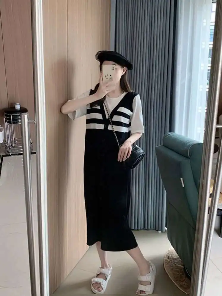 夏ルーズストライプ Tシャツロングドレス通勤スタイルルーズウエストレギュラースリーブポリエステル繊維ボディコンミッドレングスラウンドネック