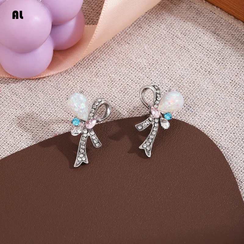 Silver Needle fashion Dreamy Colored Diamond Studded Bow For Women Niche Light Luxury Fresh And Sweet Temperament Earrings