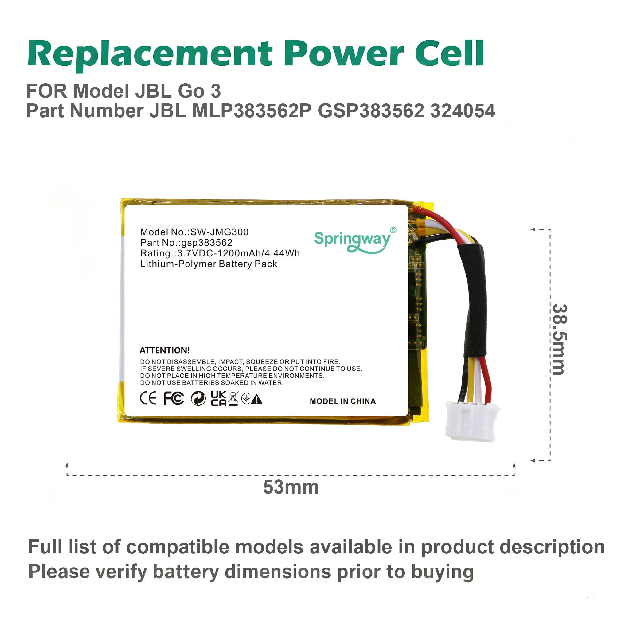 Speaker Replacement Battery MLP383562P GSP383562 324054 for JBL Go 3 3.7V 1200mAh