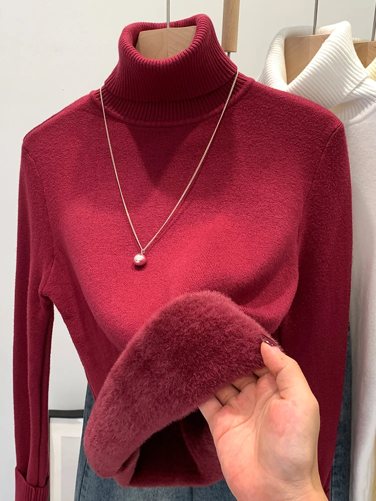 

Красный женский бархатный свитер из норки с высоким воротником, осенне-зимний базовый слой на подкладке, теплый вязаный топ, внутренняя одежда