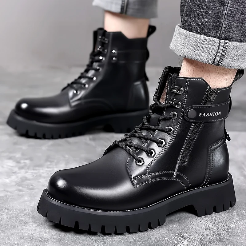 Ankle Boots Men\'s Winter American High Top Genuine Leather Outdoor Cotton Wool Plush Cow Tendon Bottom Work Wear Short Boots