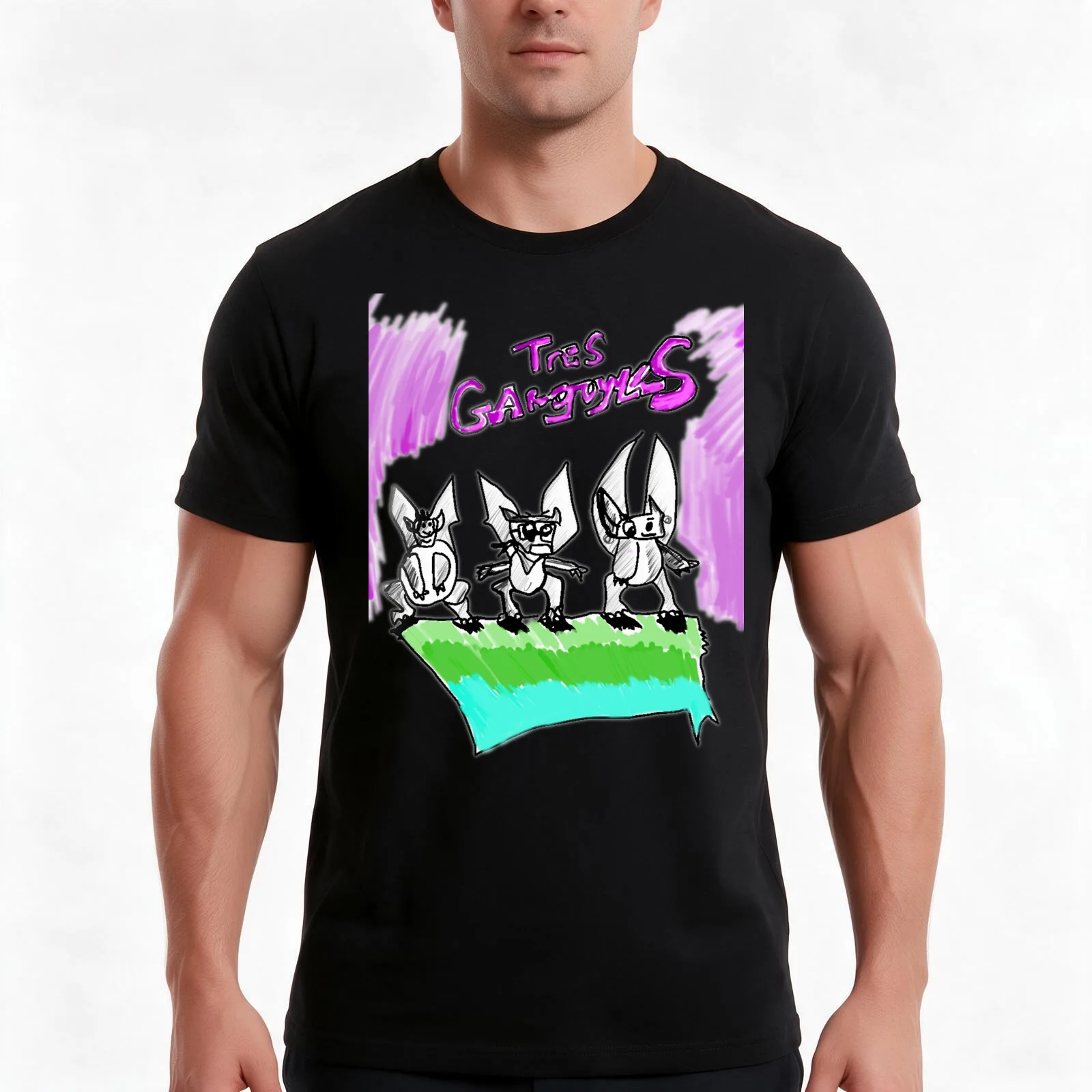 Tres Gargoyles T-Shirt, Summer Casual Cotton Tee, Oversized Streetwear Tops, Vintage Graphic Print, Loose Fit Short Sleeve