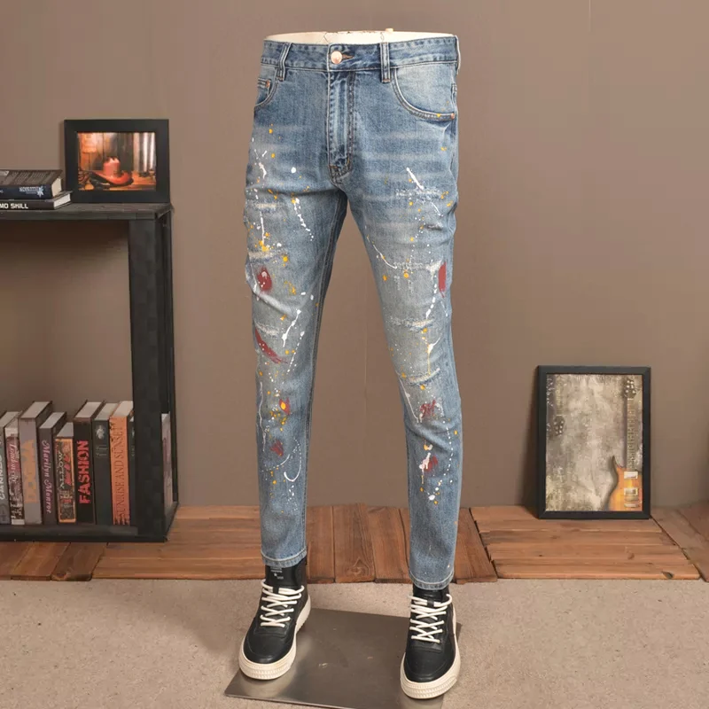High Street Fashion Men Jeans Retro Blue Elastic Stretch Skinny Fit Ripped Jeans Men Painted Designer Hip Hop Denim Pants Hombre