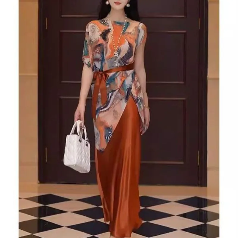 

26 Summer Suit Fashion Temperament Noble Light Luxury Foreign Look Thin Medium and Long A-shaped Skirt Long Skirt Two-piece Set