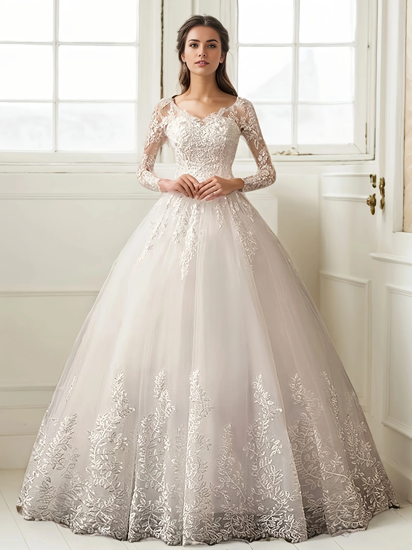

Элегантное свадебное платье с длинными рукавами, женское тюлевое платье цвета слоновой кости с 3D винтажной кружевной вышивкой для романтической свадебной вечеринки по индивидуальному заказу