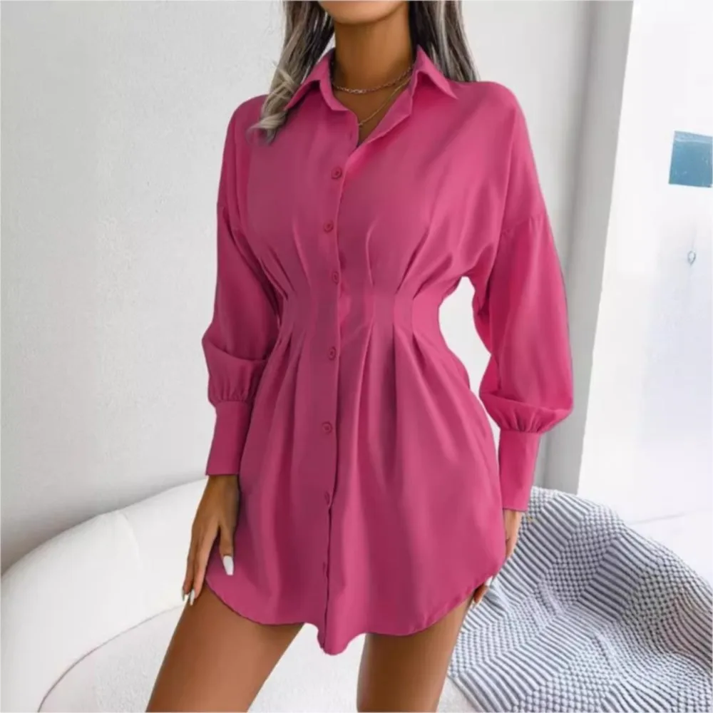 

New Women's Solid Color Shirt Button Spring Casual Lantern Sleeve Long-Sleeved Irregular Elegante Office Lady Slim Blouse Tops