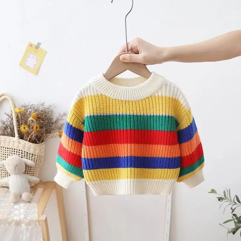 Boys And Girls Autumn And Winter Pullover Sweaters Thickened Boys And Girls Baby Knitwear Girls Korean Loose Rainbow Stripe Top