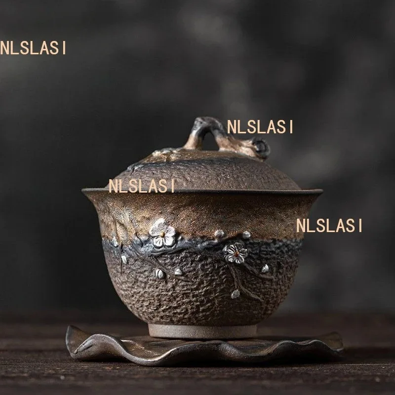 200ml Gold-plated Ceramic Plum Blossom Lid Bowl Large Capacity Three Piece Lid Bowl Household Tea Cup Tea Set