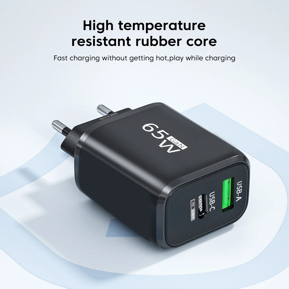 2 in 1 USB C GaN Charger 65W Fast Charging Adapter 10A USB To Type C Data Cable PD + USB QC3.0 Charger for iPhone Samsung Xiaomi