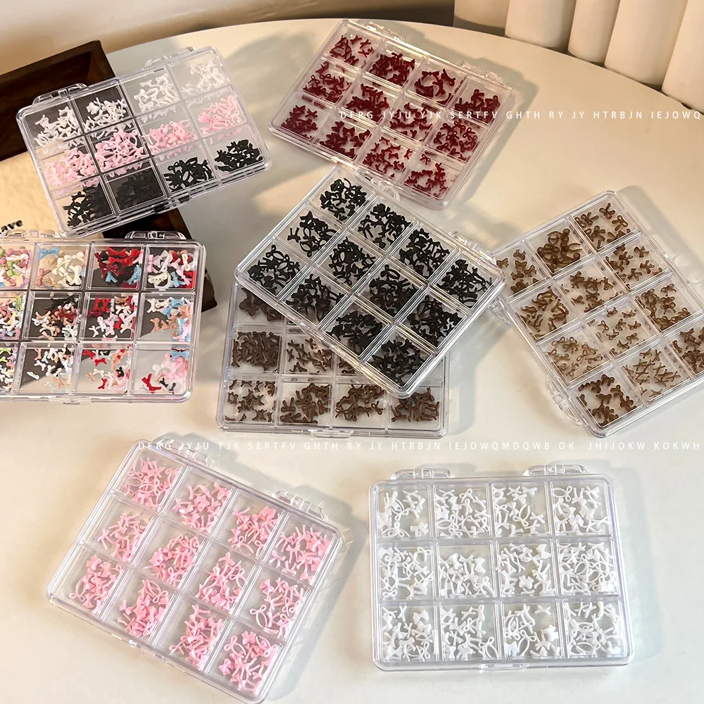 1 Box 12 Grids Mixed 3D Resin Bow Nail Charms, Mead Color Bowknot Nail Ornaments for DIY Manicure Nail Art Decor Accessories