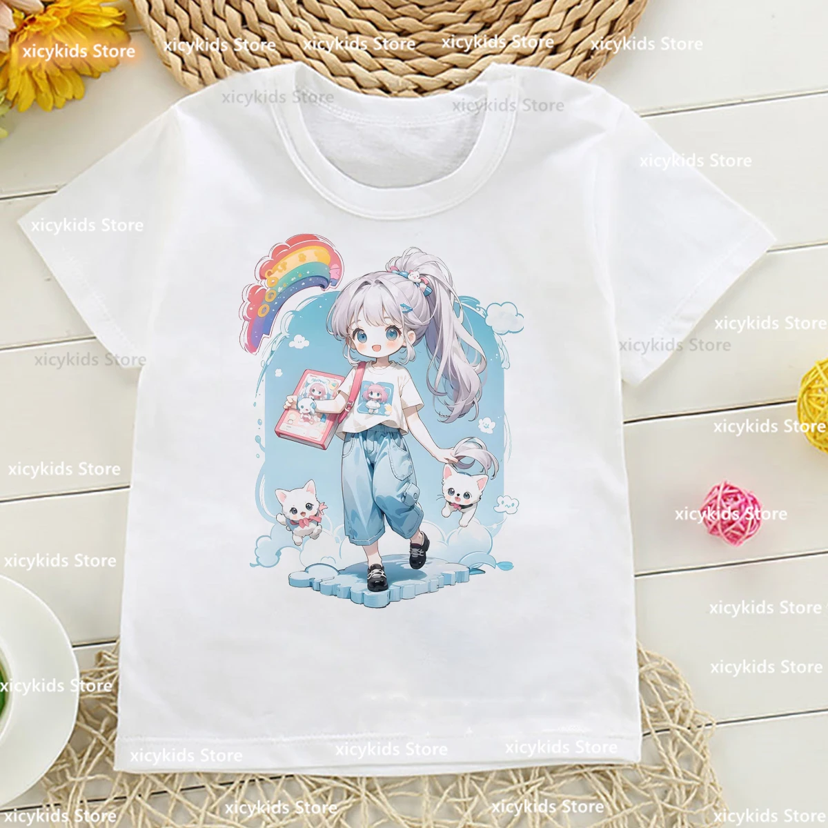 Fashionab nowe dziewczyny t-shirt Anime magiczna dziewczyna nadruk kreskówkowy koszulka dla dzieci słodkie dziewczyny z krótkim rękawem Top z okrągłym dekoltem Casual Trend t-shirt