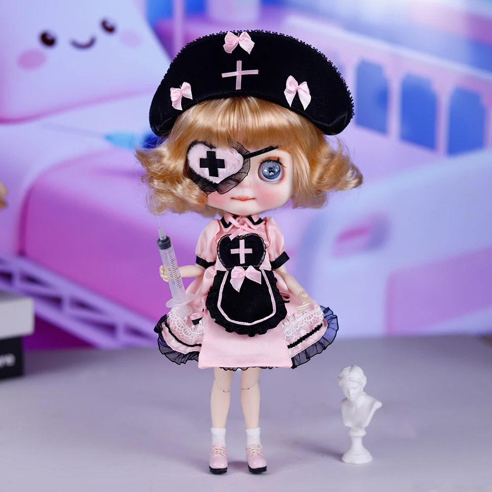 ICY DBS Blyth Doll 1/6 BJD Golden Curly Nurse Set Customized Hand Carved Eyebrows, Lips, and Facial Gifts