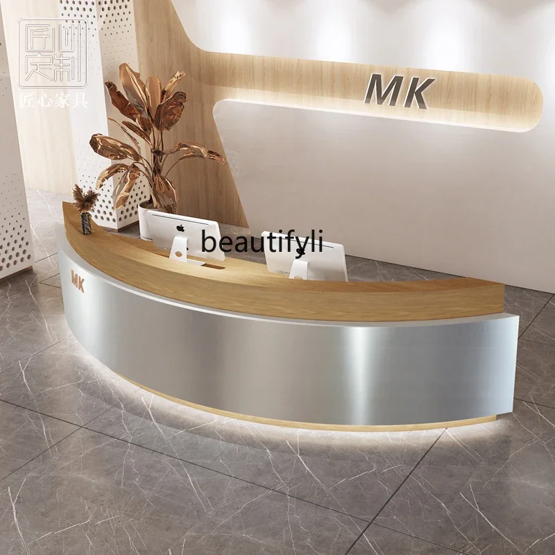 Modern simple clothing barber shop checkout page beauty salon stainless steel curved bar welcome reception front desk