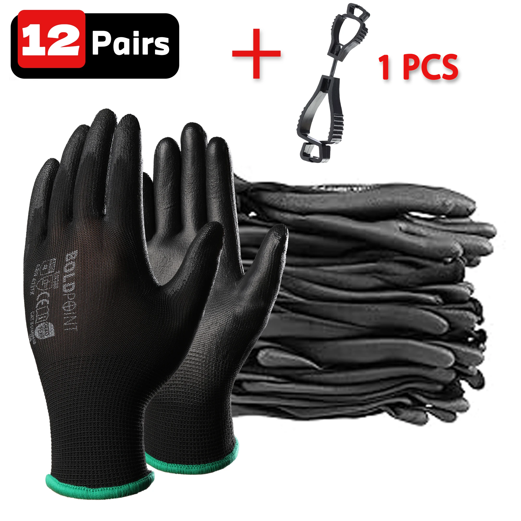 12-Pairs Ultra-Thin Safety Gloves with Glove Clips: Superior Grip for Renovation, Gardening, Cleaning, DIY, Assembly, Repair