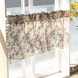 Cotton Linen Blue Retro Orchid Curtains Floral Tassel for Kitchen Bedroom Living Room Bay Window Cabinet Curtain