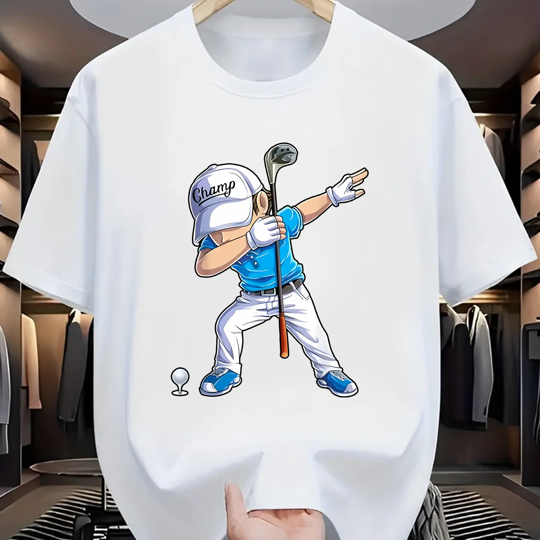 2026 new Men's Summer 100_ Cotton Fashion Sports Leisure Loose Golf Player Pattern Printed Round Neck Short Sleeve T-shirt Top