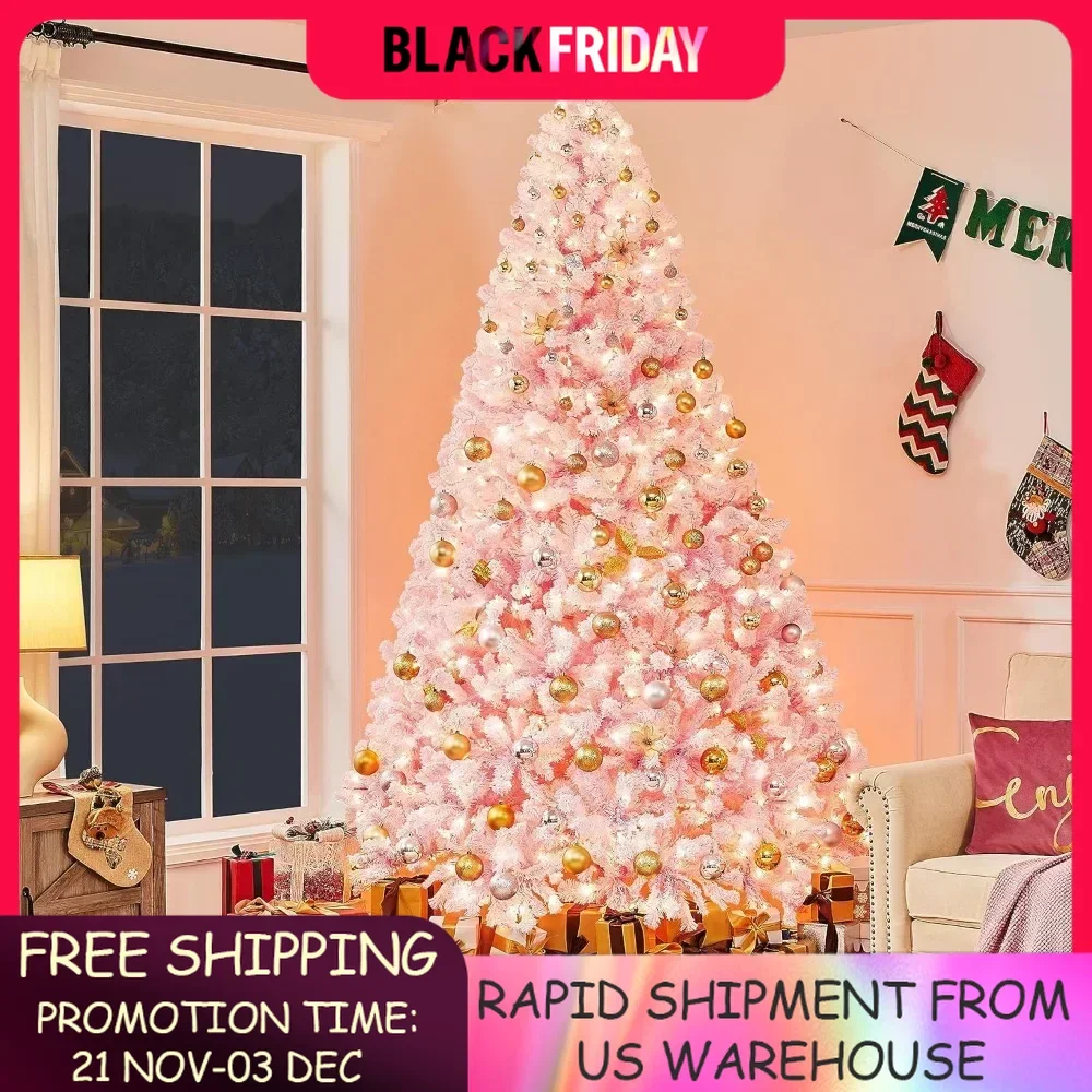 9-foot Pre Luminous Artificial Christmas Tree with White Lights, 2084 Branches, 900 Incandescent Lights and Foldable Stand, Pink