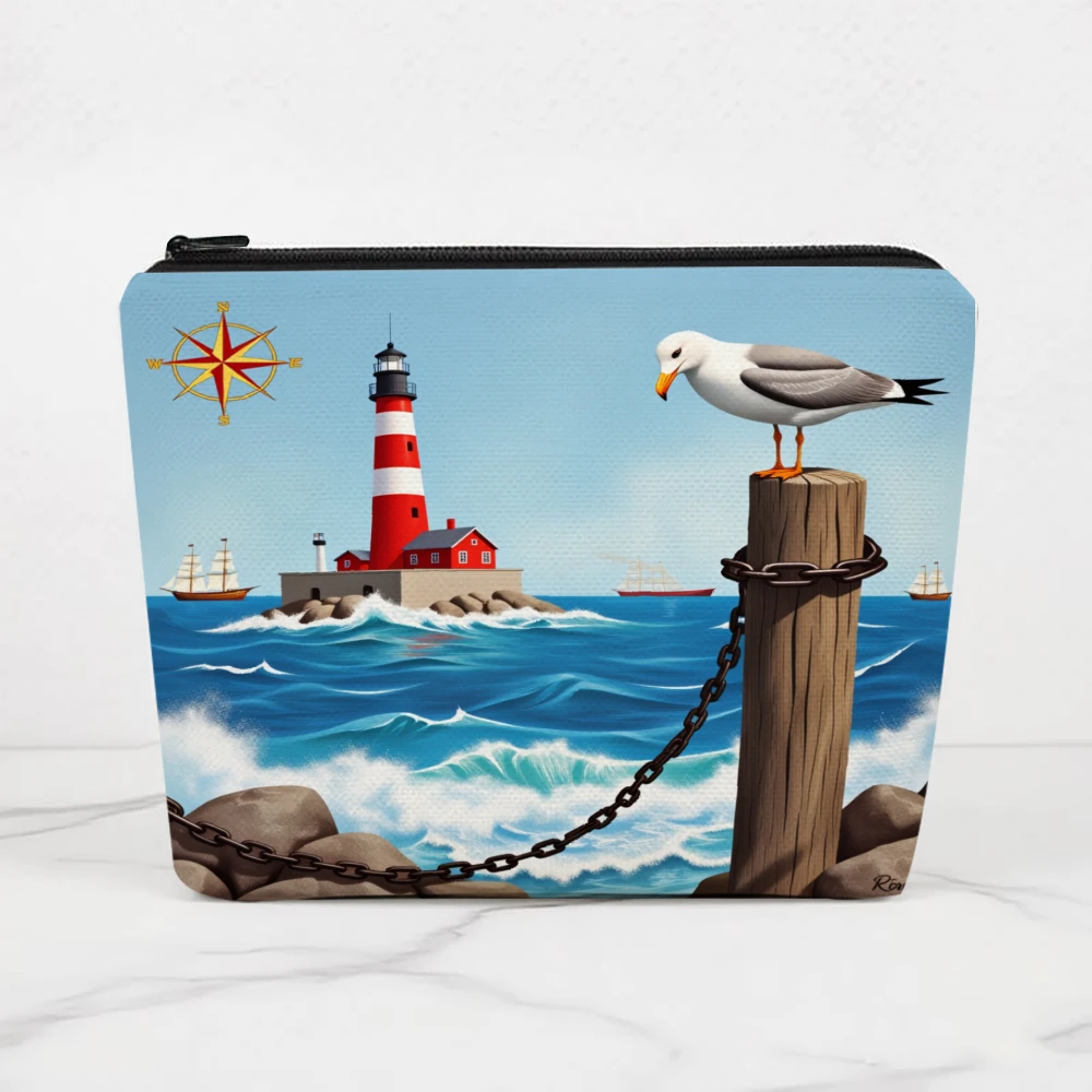 Lighthouse Seagull Ocean Waves Compass Makeup Bags for Girls Cosmetic Pouch Toiletry Bag Pencil Case Travel Storage