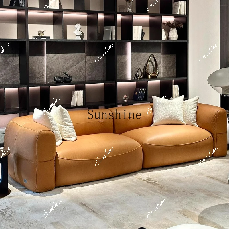Medieval style modern simple living room small apartment yellow big white leather sofa  FT